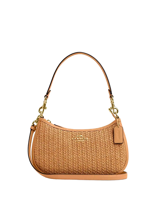 Coach Teri 2Way Crossbody-Umhängetasche aus Stroh und beigem Glattleder