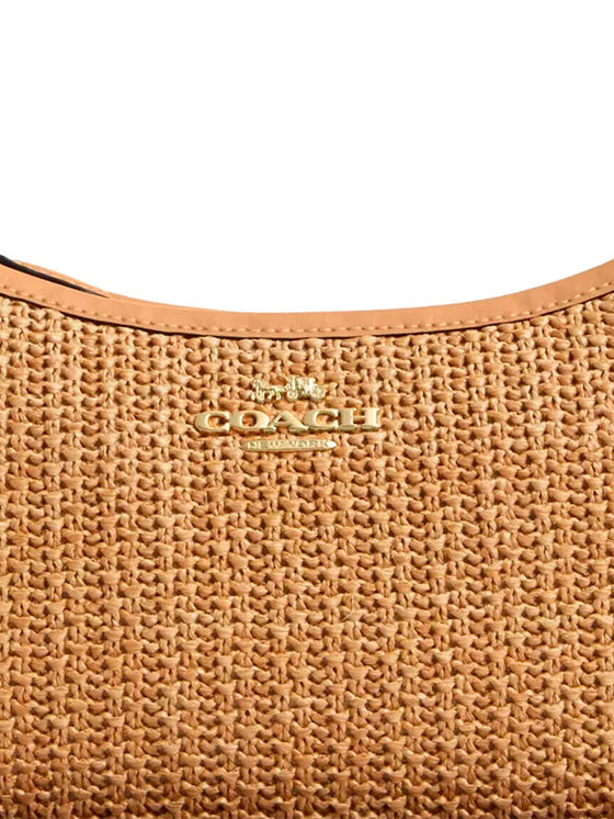 Coach Teri 2Way Crossbody-Umhängetasche aus Stroh und beigem Glattleder