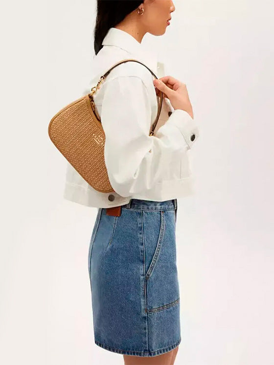 Coach Teri 2Way Crossbody-Umhängetasche aus Stroh und beigem Glattleder