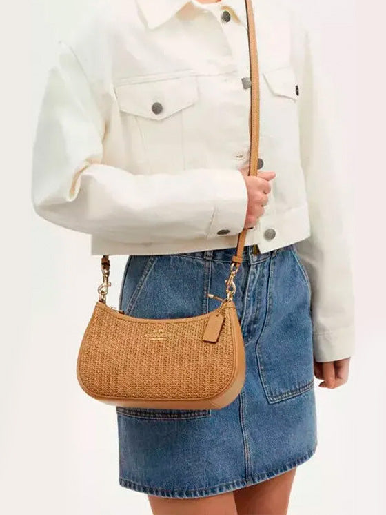 Coach Teri 2Way Crossbody-Umhängetasche aus Stroh und beigem Glattleder