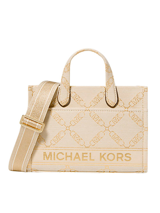 Bolsa Michael Kors Gigi Small Metallic Empire Logo Jacquard – Estilo metálico Bege