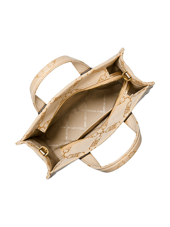 Bolsa Michael Kors Gigi Small Metallic Empire Logo Jacquard – Estilo metálico Bege