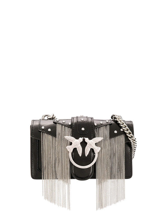 Bolsa de Ombro Pinko Love Mini  de Couro com Franjas Metálicas