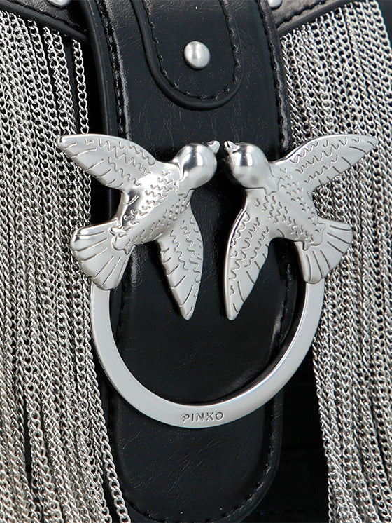 Bolsa de Ombro Pinko Love Mini  de Couro com Franjas Metálicas