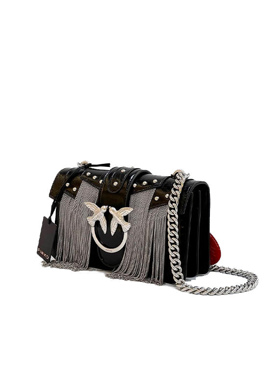 Bolsa de Ombro Pinko Love Mini  de Couro com Franjas Metálicas