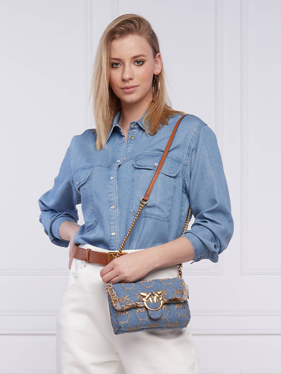Bolsa Pinko Love Baby Puff Denim Logo – Azul