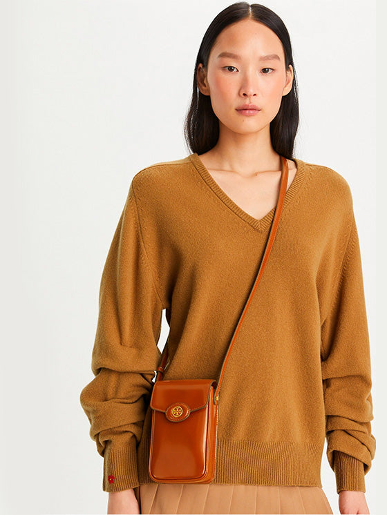 Bolsa de tiracolo para telemóvel Tory Burch Robinson Castanho